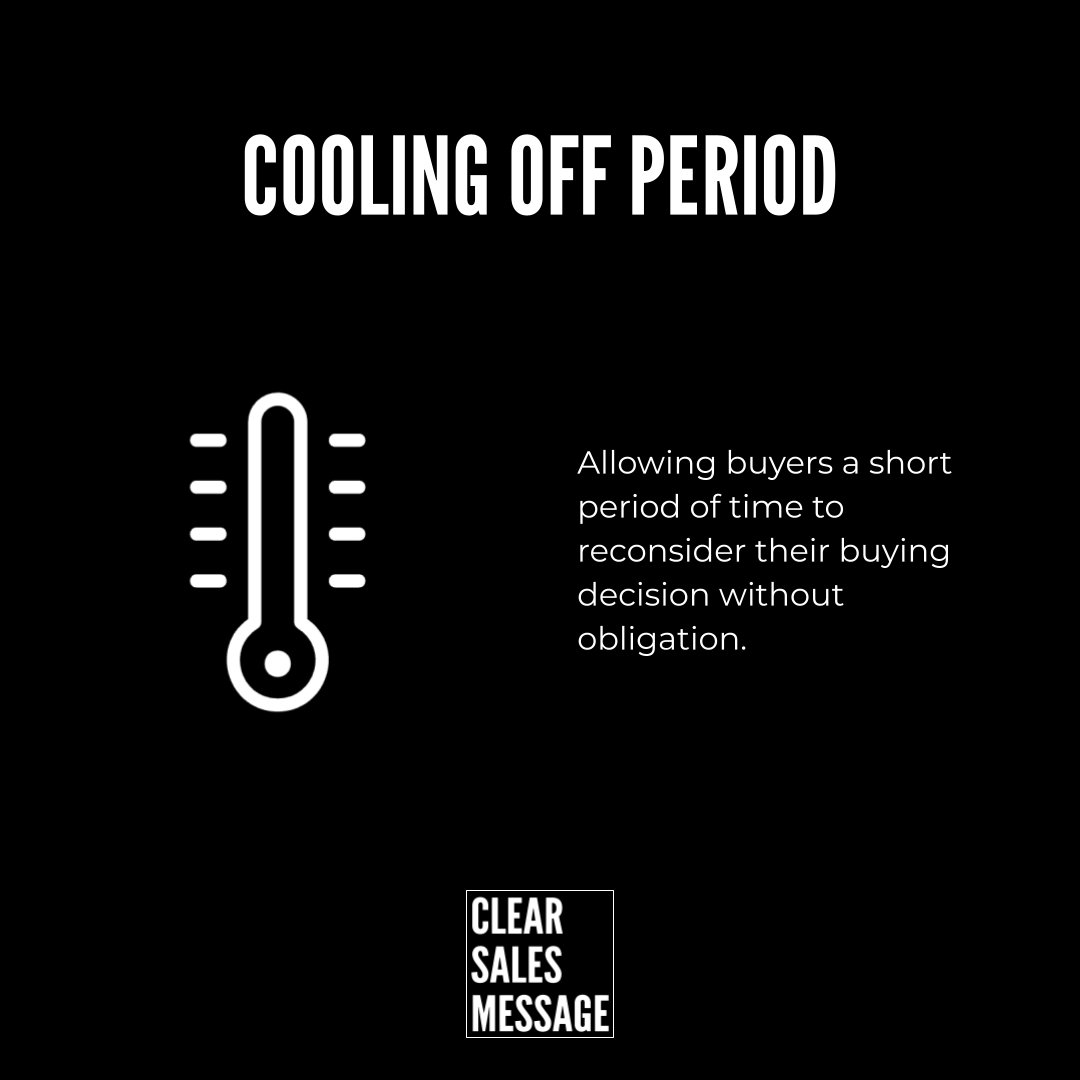 Cooling off period Black infographic about a cooling off period thermometer icon on the left explanatory text on the right clear sales message logo at the bottom