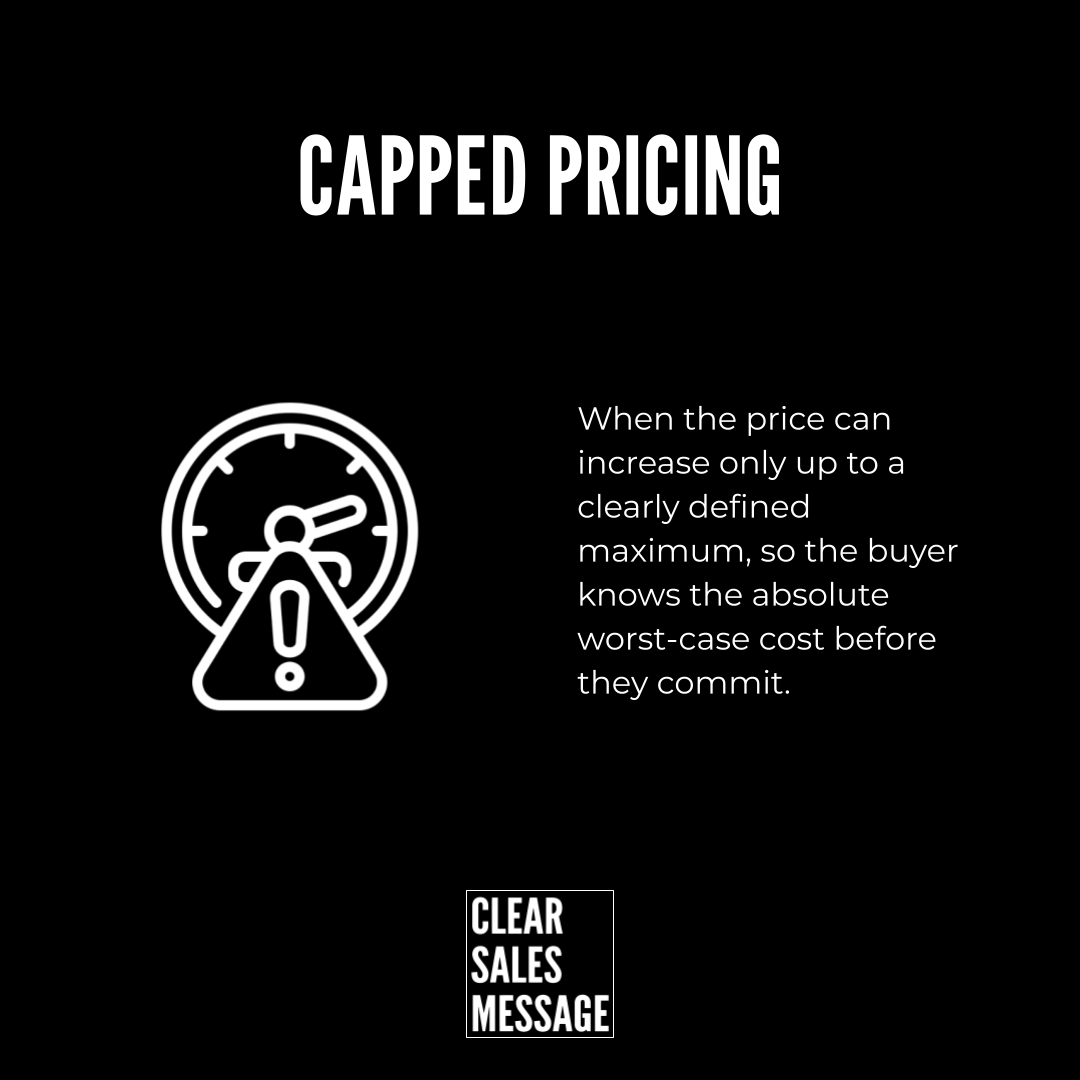 Capped pricing Slide with title capped pricing in white on black left shows a line drawn speedometerwarning icon right contains explanatory text about price caps clear sales message logo at bottom