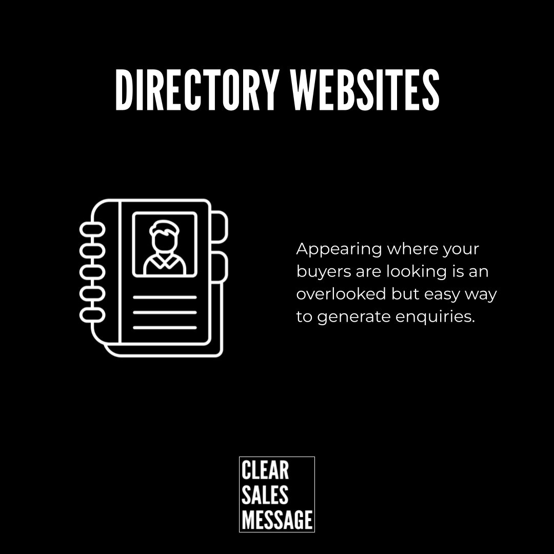Slide titled directory websites with a white notebook icon on the left and a paragraph about generating enquiries clear sales message logo at the bottom