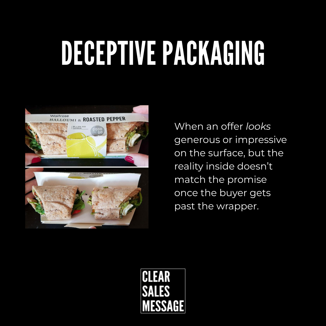Infographic about deceptive packaging large deceptive packaging headline sandwich pack photo on the left explanatory text beside it and a clear sales message logo at the bottom