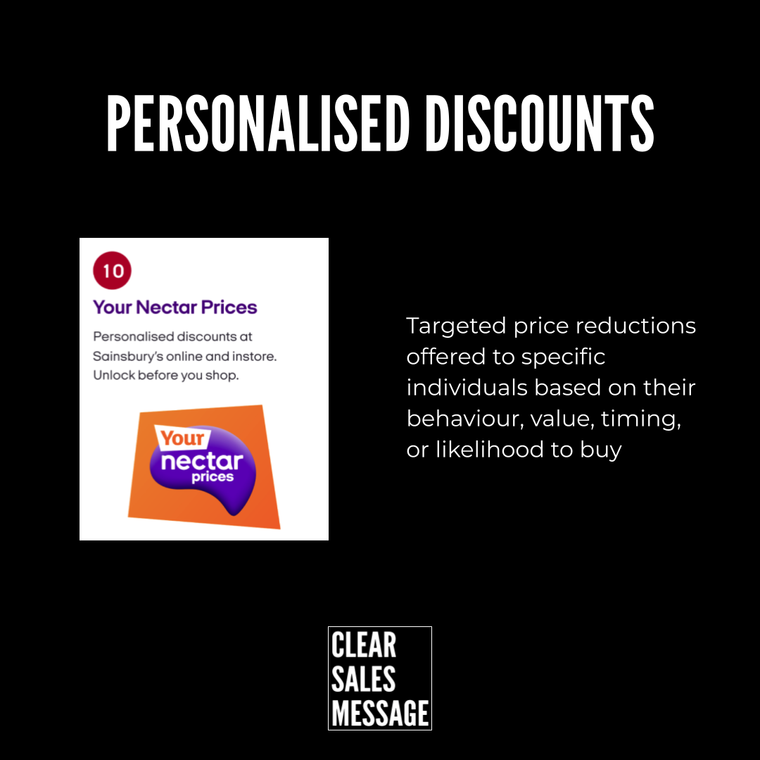 Slide about personalised discounts left shows a nectar prices card right explains targeted price reductions for individuals with a clear sales message logo below