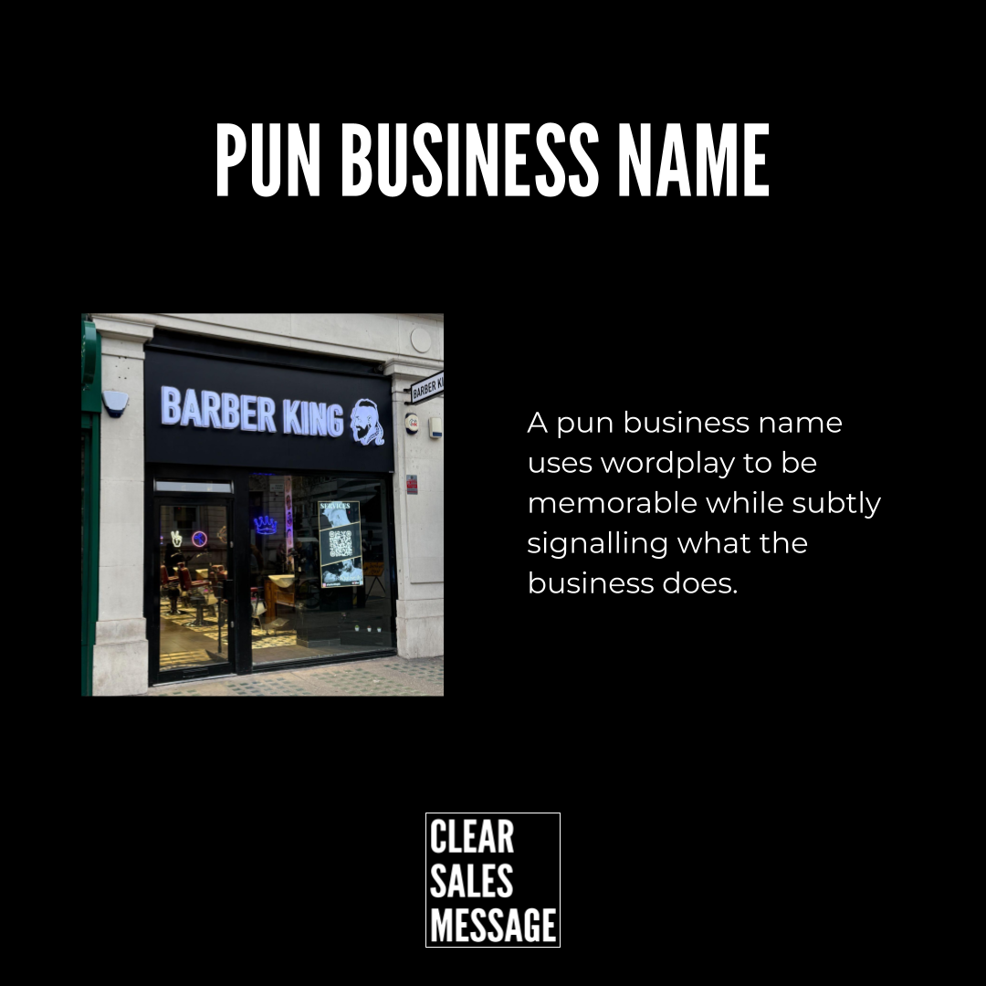 Educational slide about pun business names barber shop storefront image on the left with explanatory text on the right all on black background