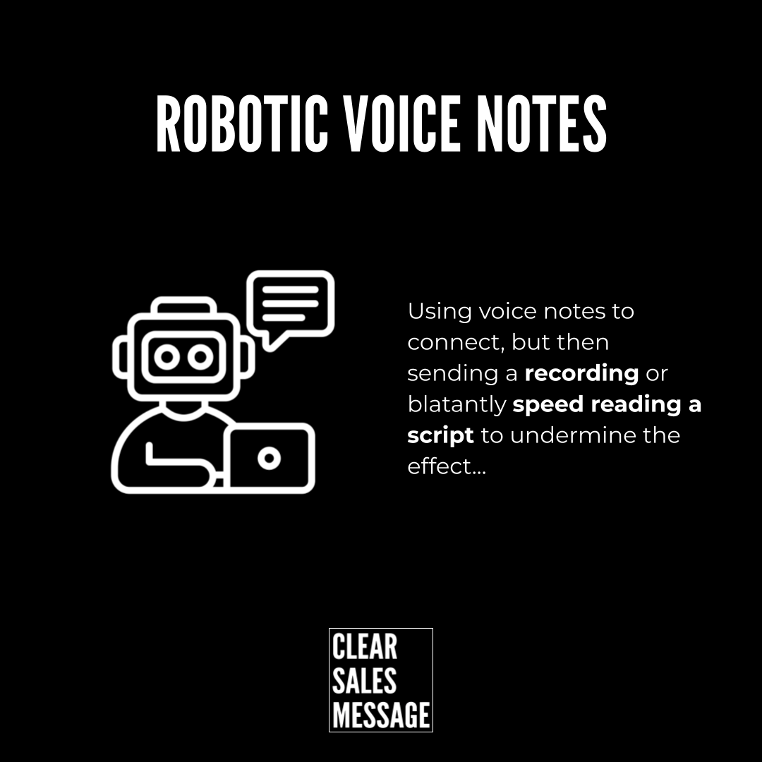 Hero banner black page with robotic voice notes title white line art robot at left with a laptop and speech bubble explanatory text on the right and a small clear sales message logo at the bottom