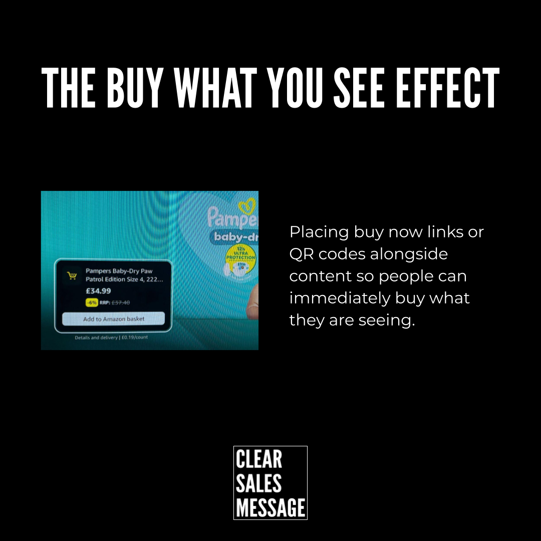 Promotional slide about the buy what you see effect showing a pampers product image with accompanying text on the right and a clear sales message logo below