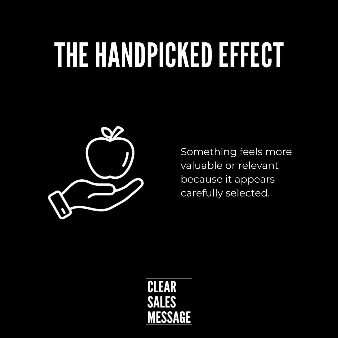 The handpicked effect Black background with bold white title the handpicked effect a white line drawing of a hand holding an apple and the caption about careful selection clear sales message logo below