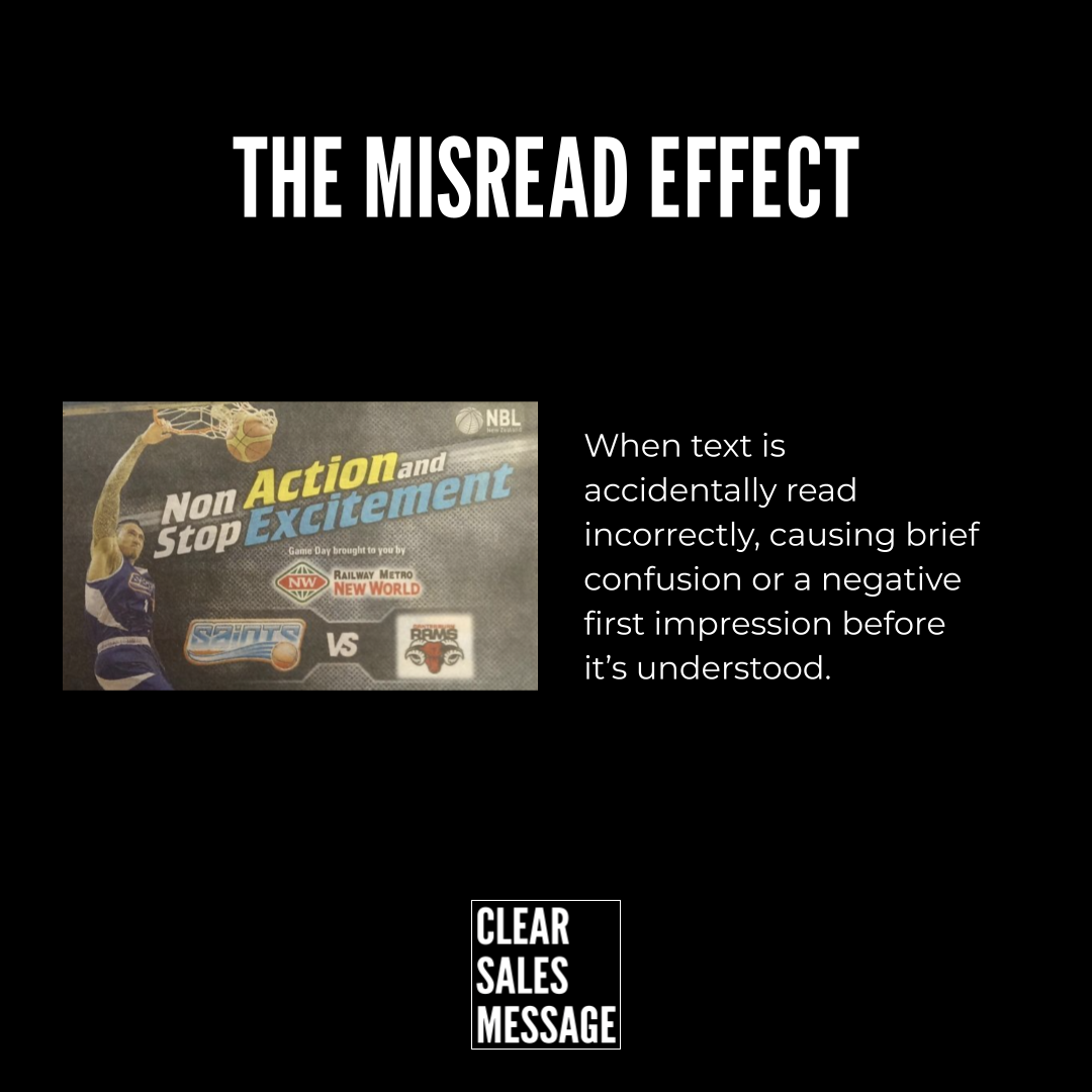 Slide titled the misread effect left shows a basketball poster reading non action and stop excitement right shows text about misreading causing brief confusion before understanding logo clear sales message below