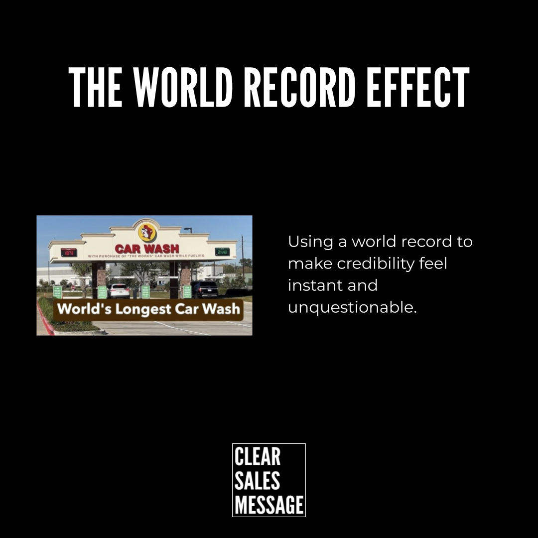 Slide titled the world record effect showing a car wash photo with the sign worlds longest car wash and a credibility caption on the right includes a small clear sales message logo at the bottom
