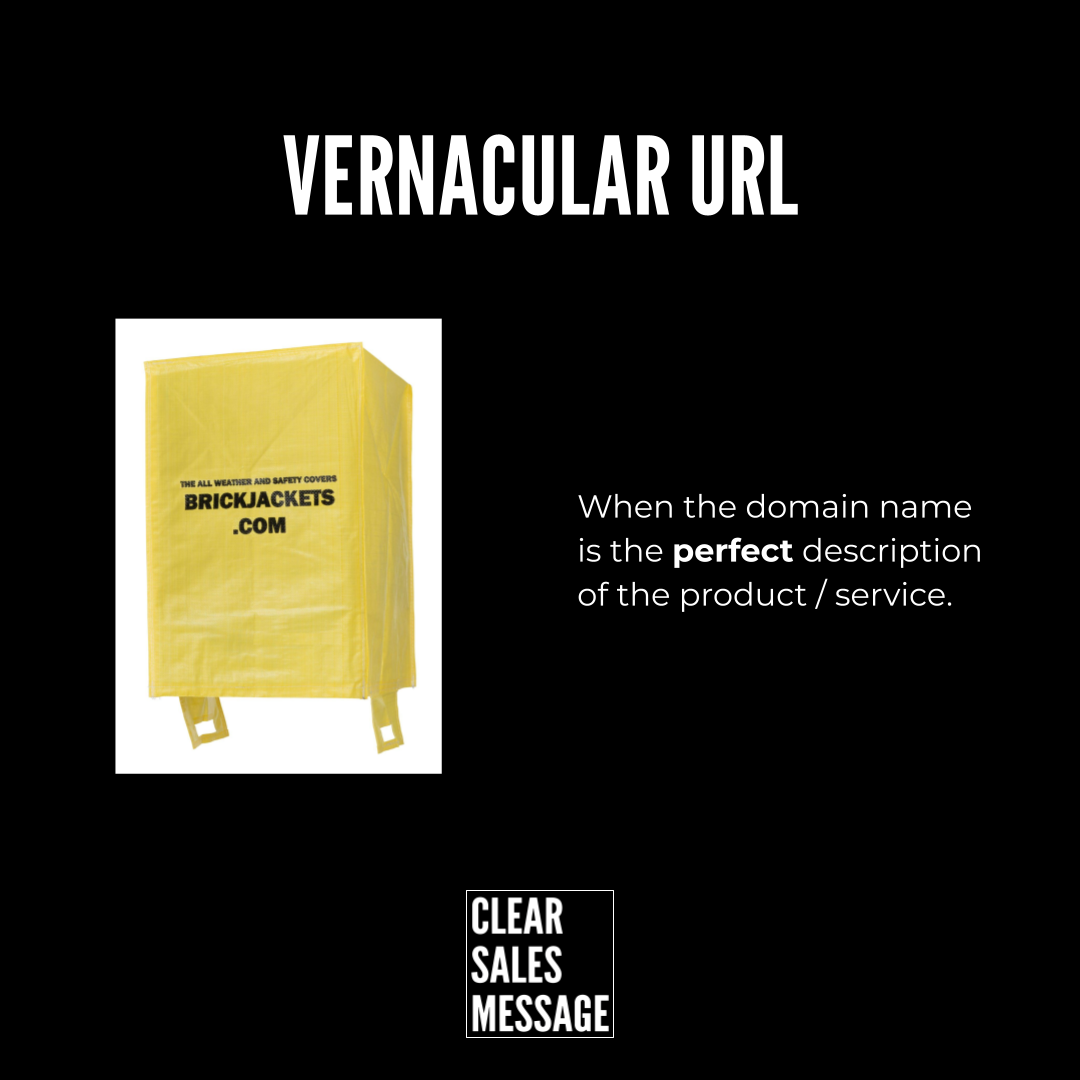 Marketing graphic explaining vernacular url black background yellow promo bag on the left descriptive message on the right small clear sales message logo bottom