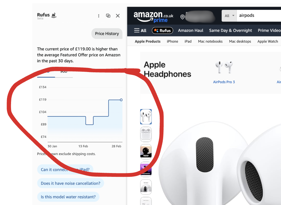 Screenshot 2026 02 28 at 10 05 27 Amazon price history graph showing airpods priced between £89 and £119