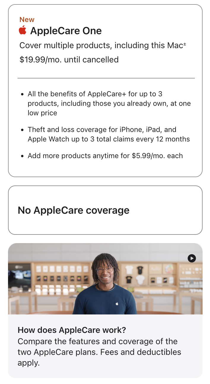 Applecare offered as a simple yes or no decision with no tiers