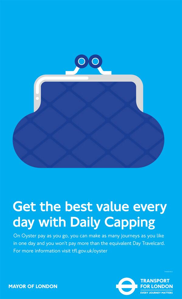 Bxhlokpicaabipp Blue poster featuring a large blue purse icon and text promoting oyster daily capping with tfl branding