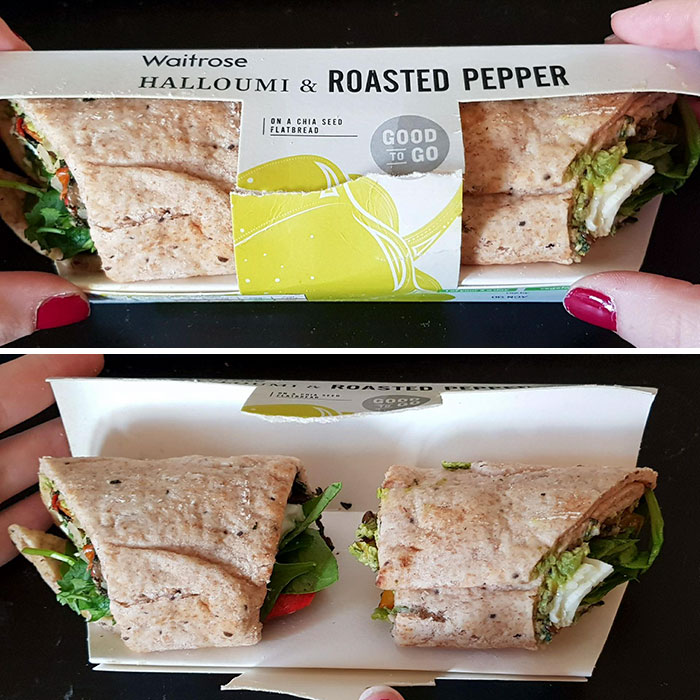 Waitrose halloumi and roasted pepper wrap shown on packaging compared to the smaller actual product