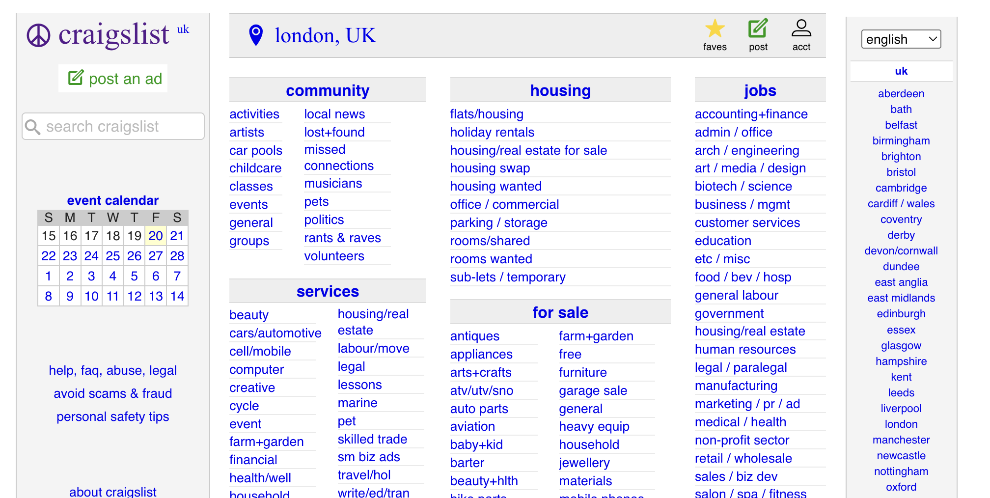 Craigslist homepage showing a plain list of categories and locations
