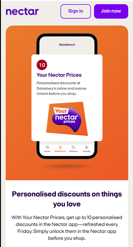 Sainsbury's Nectar app showing Your Nectar Prices personalised discounts