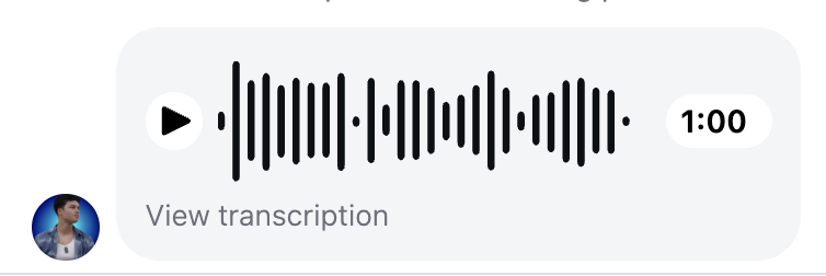 Audio player with waveform and 100 duration play button on the left and thumbnail avatar on the bottom left View transcription link below