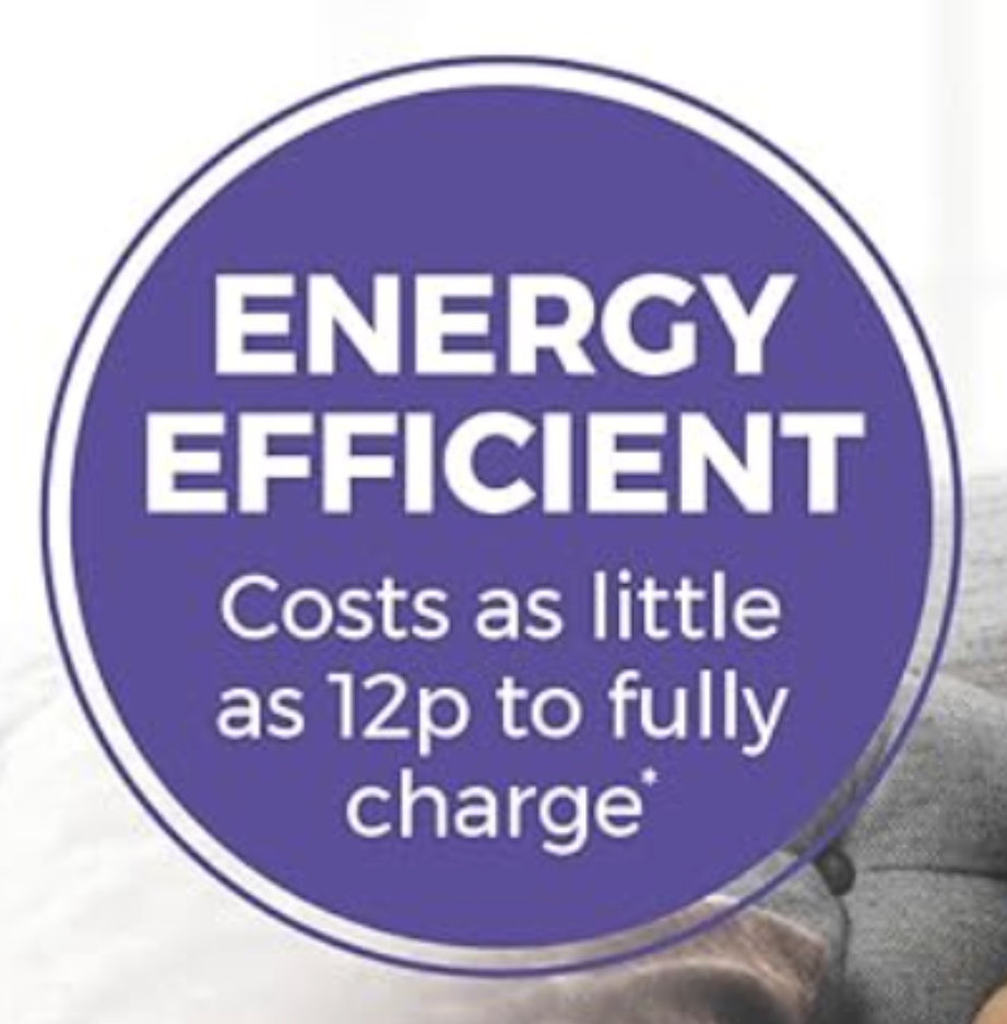 Circular purple badge reading energy efficient with smaller text costs as little as 12p to fully charge