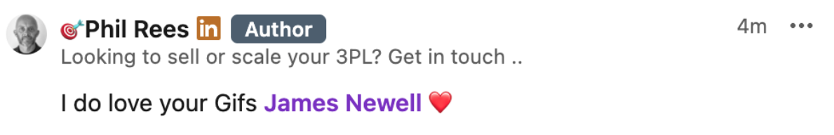 Linkedin style post header from phil rees with author badge praising james newell and a red heart emoji