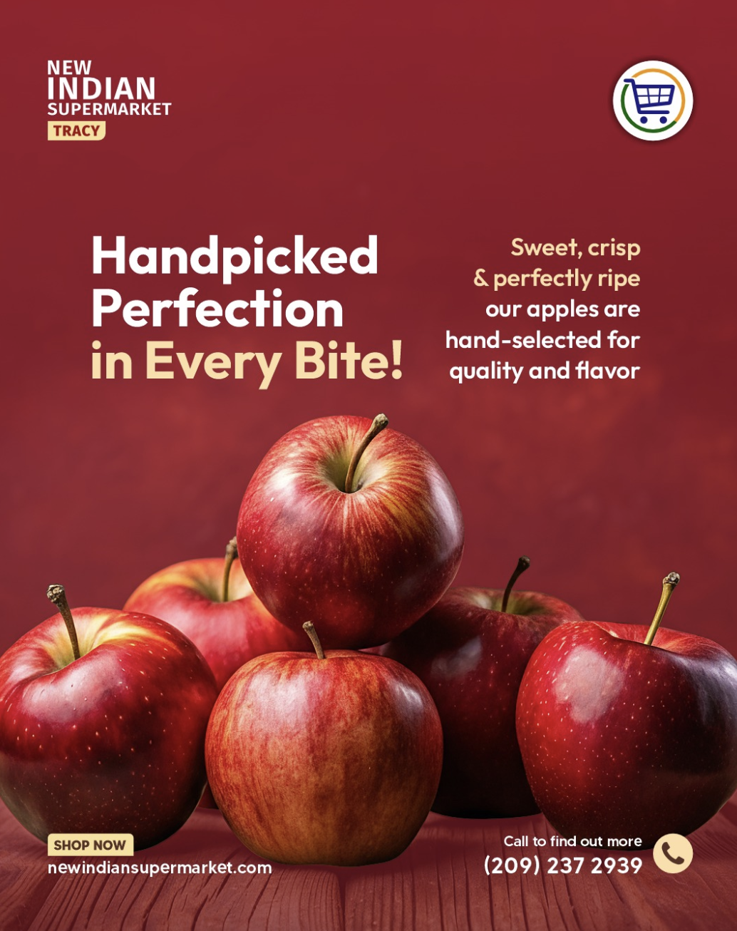Screenshot 2026 02 27 at 23 53 54 Red background ad featuring a cluster of apples with bold white and cream text reading handpicked perfection in every bite and a small logo in the top left plus contact info in the bottom right