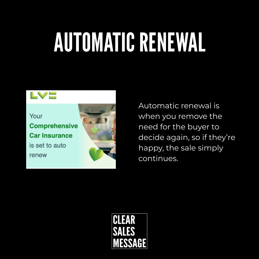 Slide titled automatic renewal car insurance graphic on left and explanatory text on the right