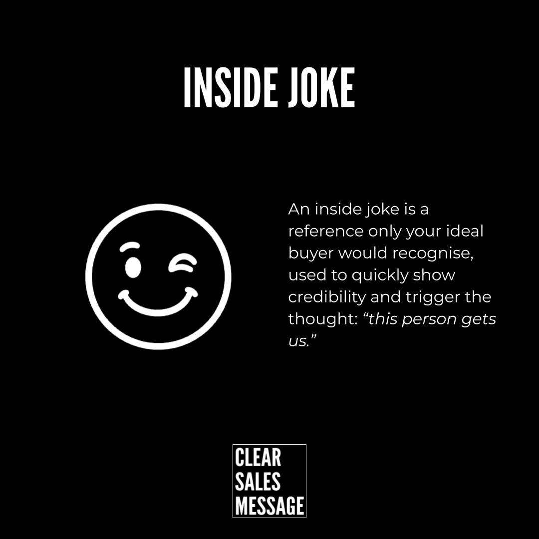 Black slide explaining inside jokes winking smiley left explanation on the right clear sales message logo below