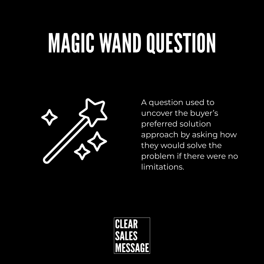 Black marketing graphic with the title magic wand question at the top a white wand with stars on the left and the text a question used to uncover the buyers preferred solution approach by asking how they would solve the problem if there were no limitations  on the right plus a small clear sales message logo at the bottom center