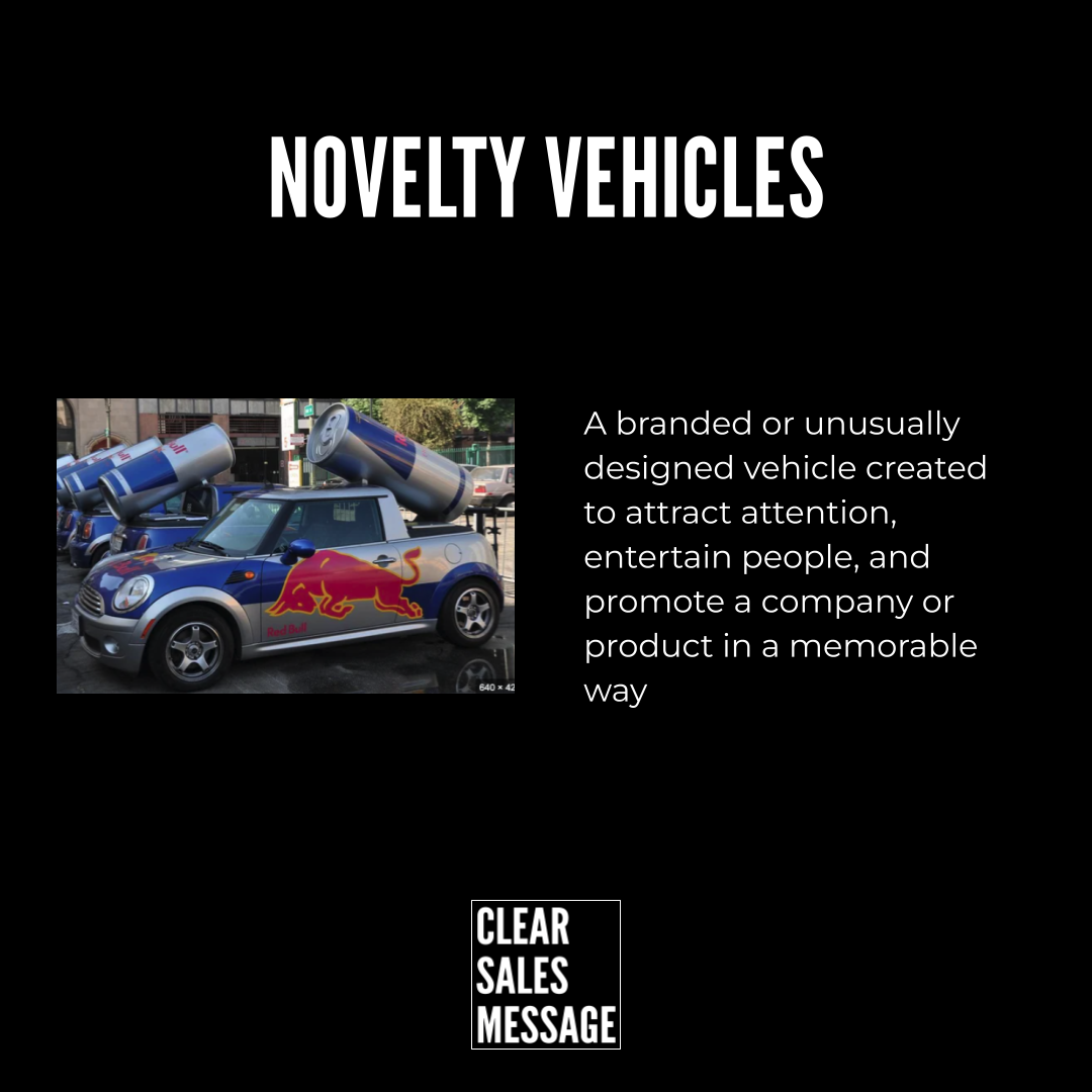 Black slide titled novelty vehicles left image shows a mini cooper with oversized red bull cans on top right side defines novelty vehicles bottom shows clear sales message logo