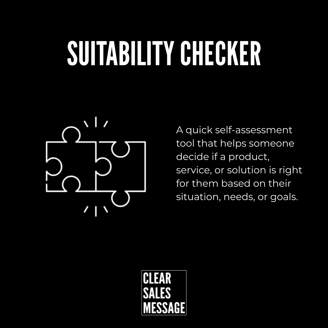 Poster titled suitability checker with a left puzzle piece icon and right side descriptive text on a black background and a clear sales message logo at the bottom