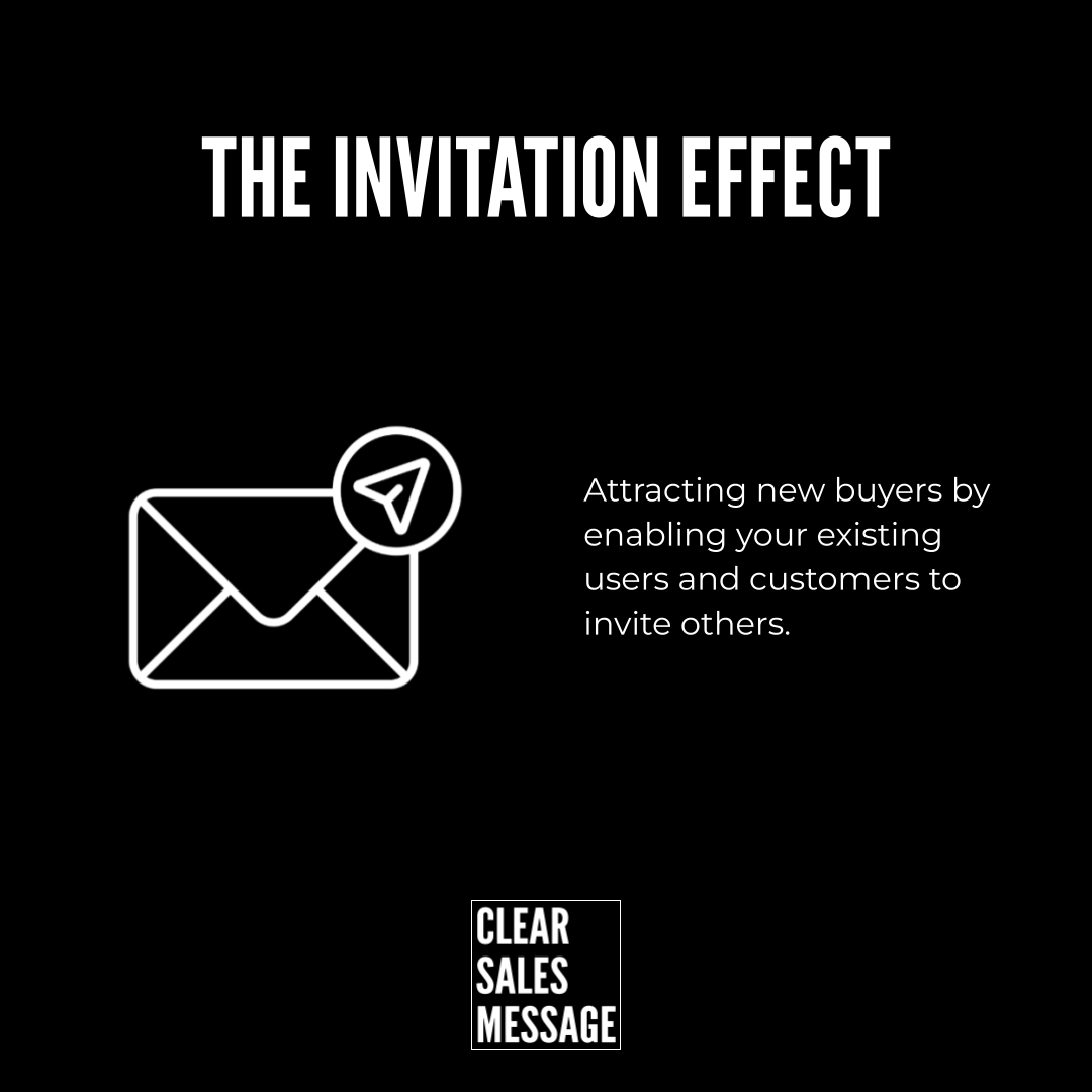 The invitation effect Slide titled the invitation effect with a white envelope icon and a right side paragraph about attracting new buyers by inviting others plus a clear sales message logo at the bottom