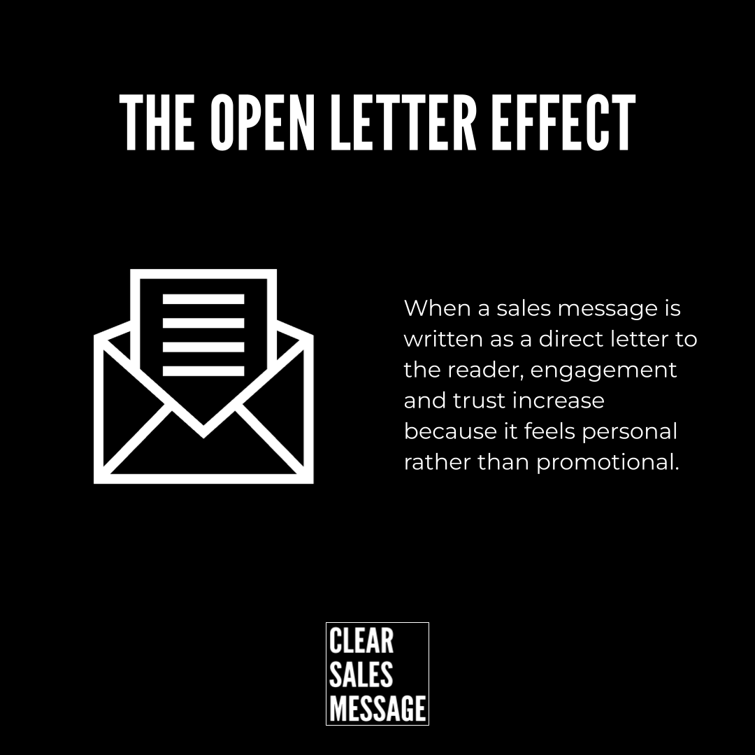 The open letter effect slide with an envelope icon and text about personal direct sales letters increasing engagement and trust clear sales message logo at bottom