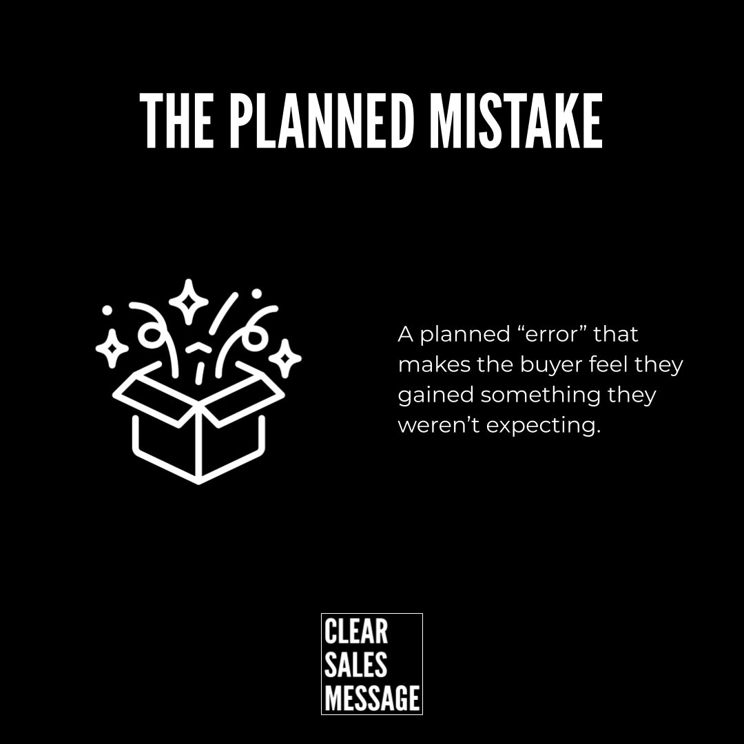Black poster with the title the planned mistake a white exploding gift box icon on the left and a paragraph explaining a planned error in sales on the right small clear sales message logo at the bottom