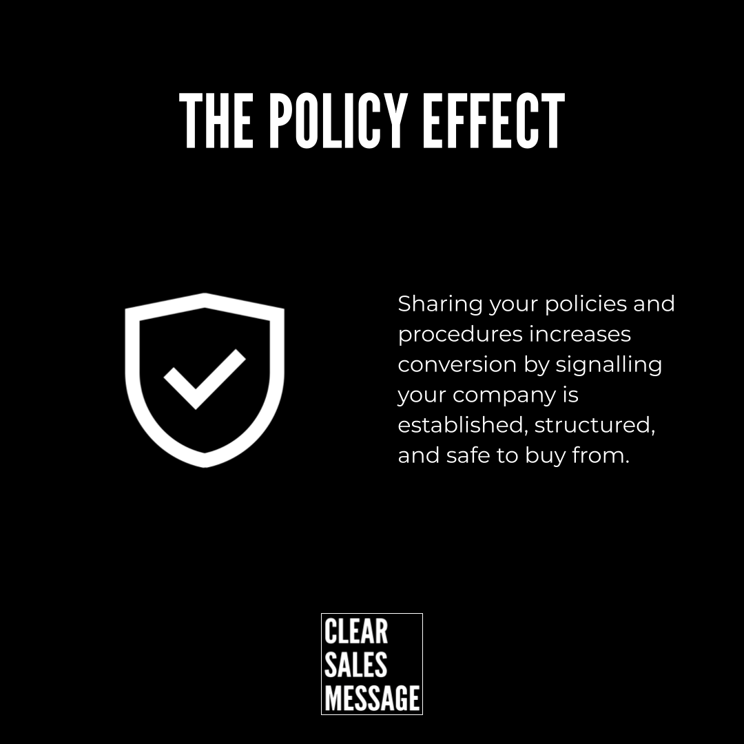 Bold slide titled the policy effect with a shield and checkmark on the left and explanatory text on the right against a black background
