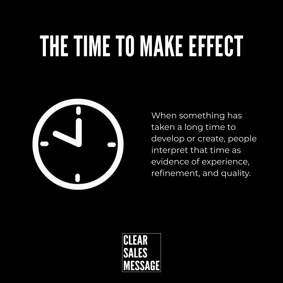 Headline poster on black background the time to make effect with a white clock icon on the left and the text when something has taken a long time to develop or create people interpret that time as evidence of experience refinement and quality  and a small clear sales message logo at the bottom center