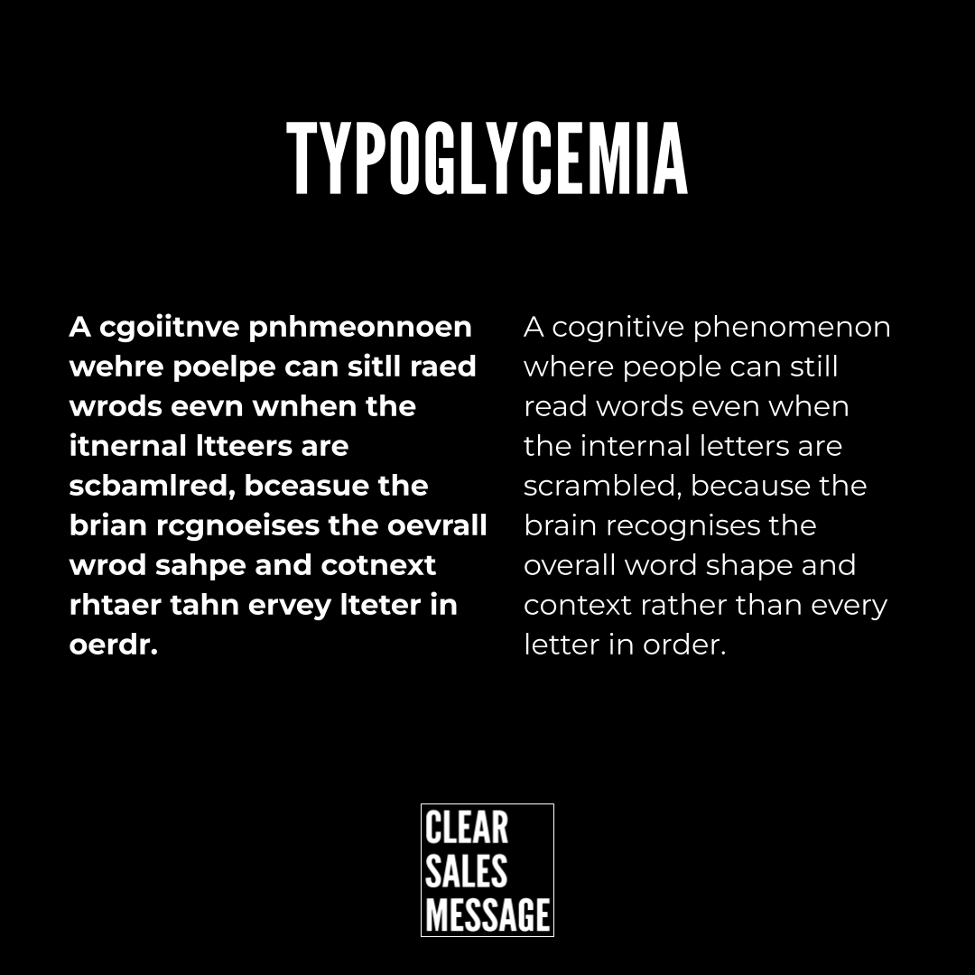 Black poster titled typoglycemia with two columns of text describing a cognitive phenomenon bottom small logo clear sales message