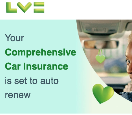 Auto insurance banner about auto renewal teal gradient panel with the text your comprehensive car insurance is set to auto renew and a driver image with green heart icons on the right