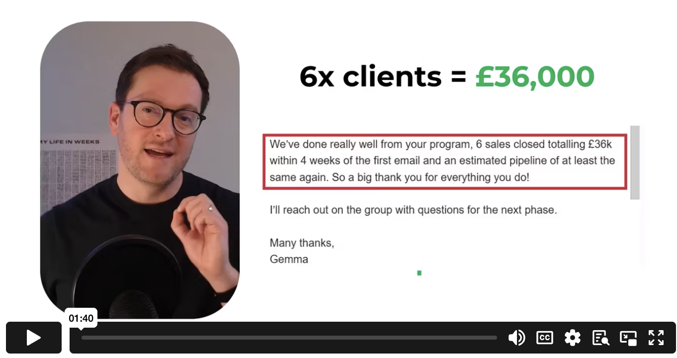 Video thumbnail man with glasses speaking into a microphone beside a slide reading 6x clients = £36000