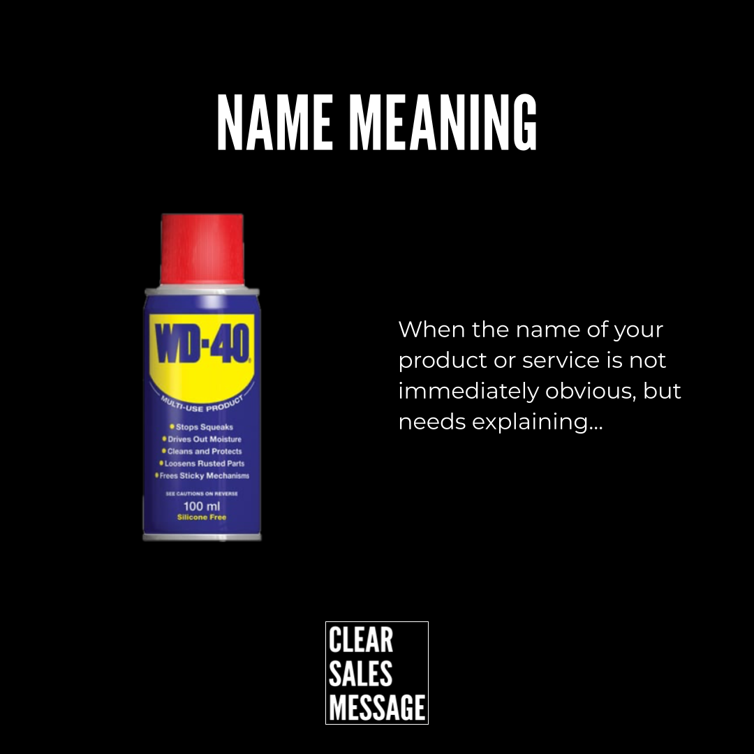 Name meaning Black background with a wd 40 spray can on the left and text explaining name meaning on the right title reads name meaning with a clear sales message logo below