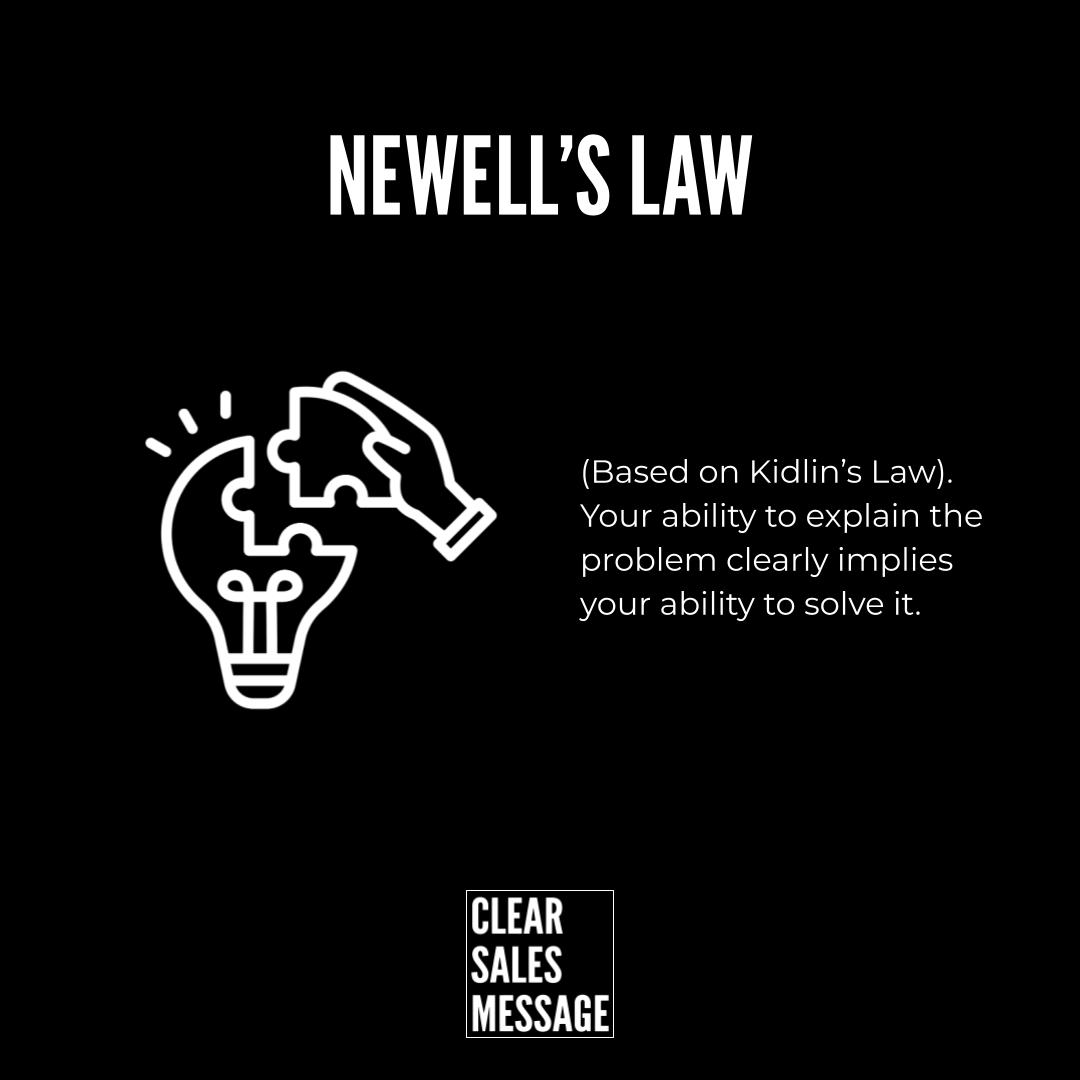 Black poster with the headline newells law a line art lightbulb being assembled by a hand with a puzzle piece and captioned guidance on explaining problems bottom right shows clear sales message logo