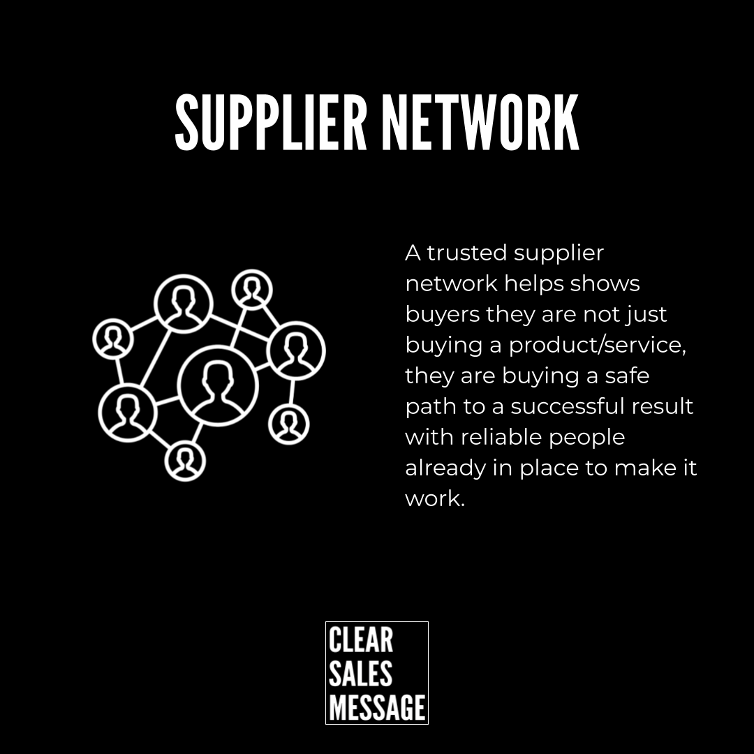 Poster style image with a large supplier network title left shows interconnected human icons right column contains a paragraph about a trusted supplier network bottom displays the clear sales message logo
