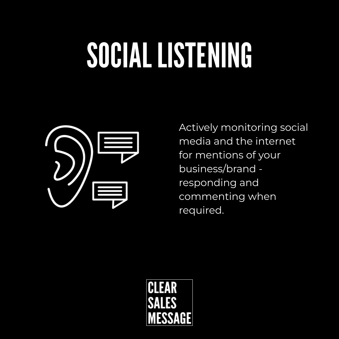 Social listening concept ear and chat bubbles with text about monitoring brand mentions clear sales message logo at bottom