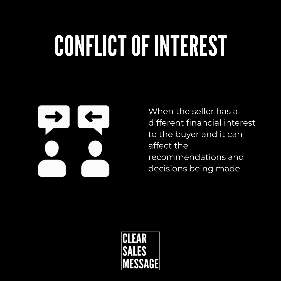 Slide titled conflict of interest with two people icons and a paragraph about how seller financial interests can influence recommendations and decisions on a black background clear sales message at bottom