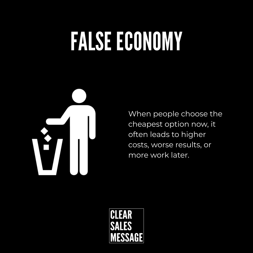 false economy headline with a white stick figure tossing items into a trash bin caption choosing the cheapest option now leads to higher costs later