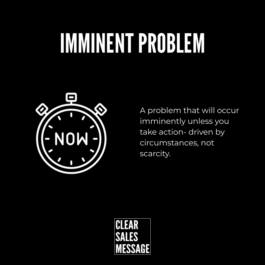 Infographic on an imminent problem a white stopwatch labeled now on the left explanatory text on the right black background with a clear sales message logo at the bottom