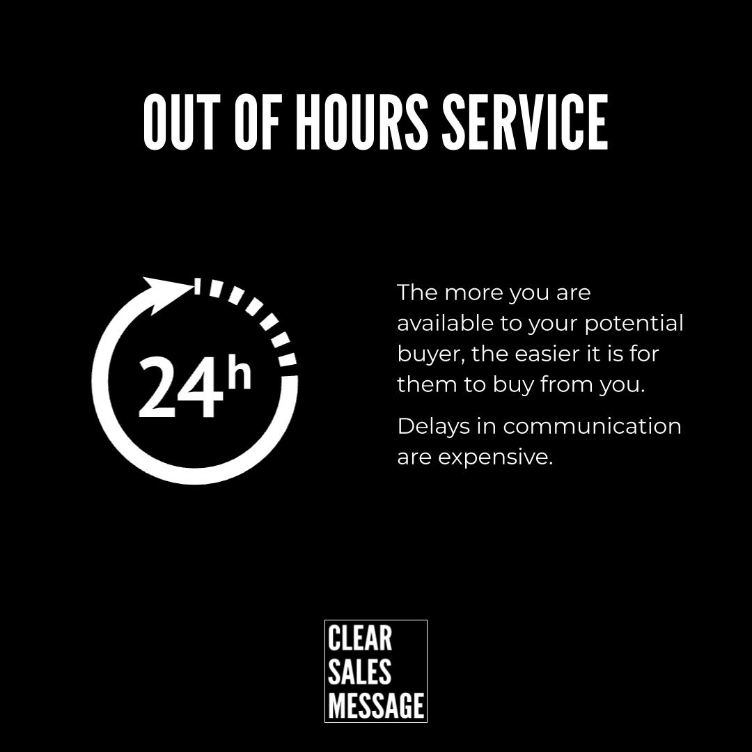 Black poster with the headline out of hours service a 24 hour circular arrow graphic on the left and a right side paragraph about availability bottom logo clear sales message