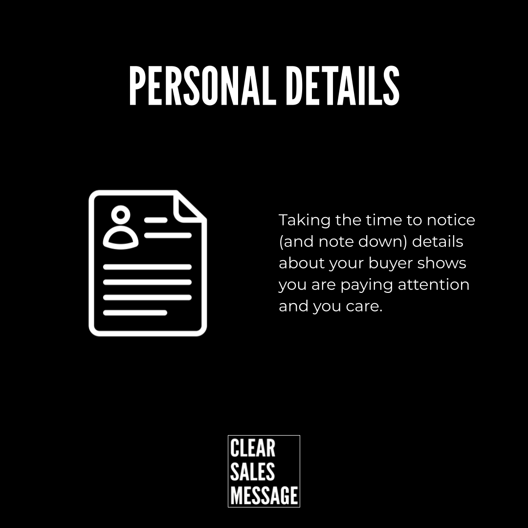 Slide titled personal details with a white document icon on the left and a paragraph about noticing and noting buyer details bottom logo reads clear sales message