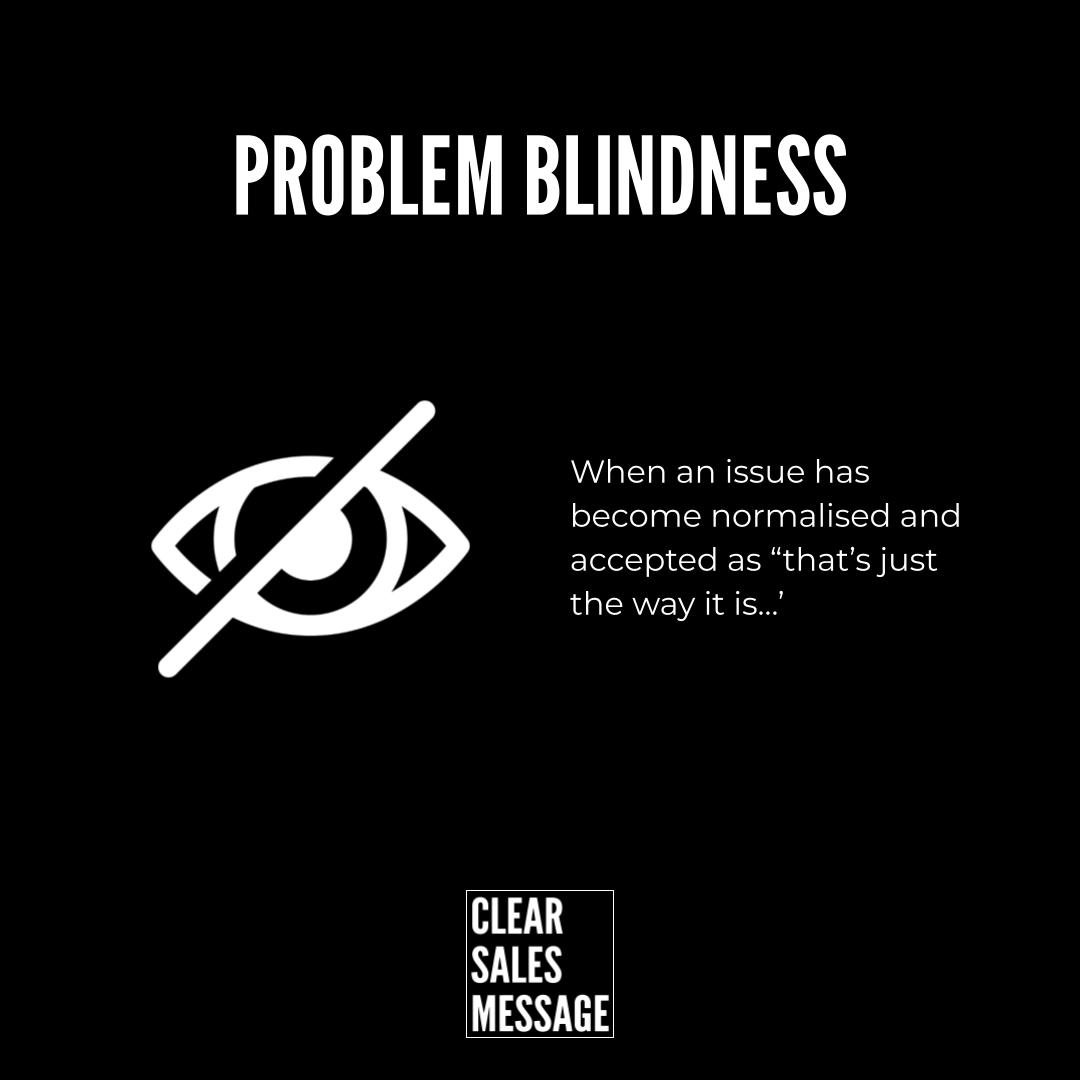 Problem blindness Slide titled problem blindness with a crossed out eye icon and the quote about issues becoming normalised clear sales message logo at the bottom