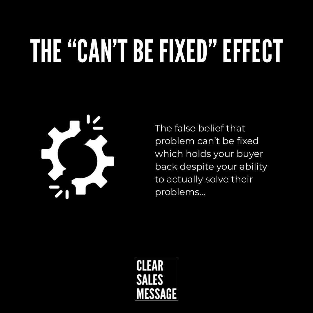 T be fixed effect Bold white title the cant be fixed effect on black with a broken gear icon beside a paragraph about the myth that problems cant be fixed and a small clear sales message logo at the bottom