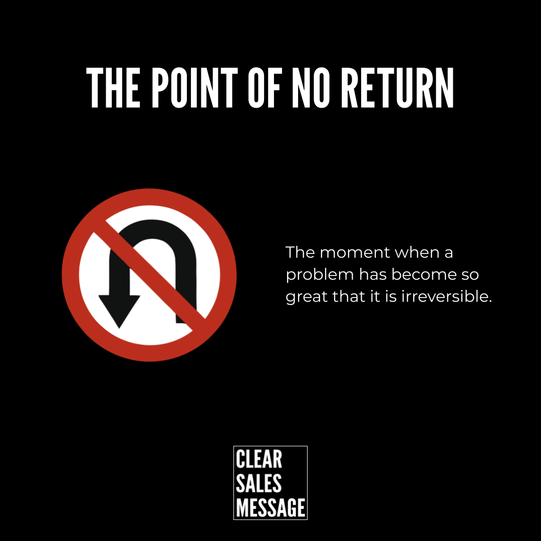 Bold title the point of no return with a nouturn sign on a black background accompanying text warns of irreversible problems
