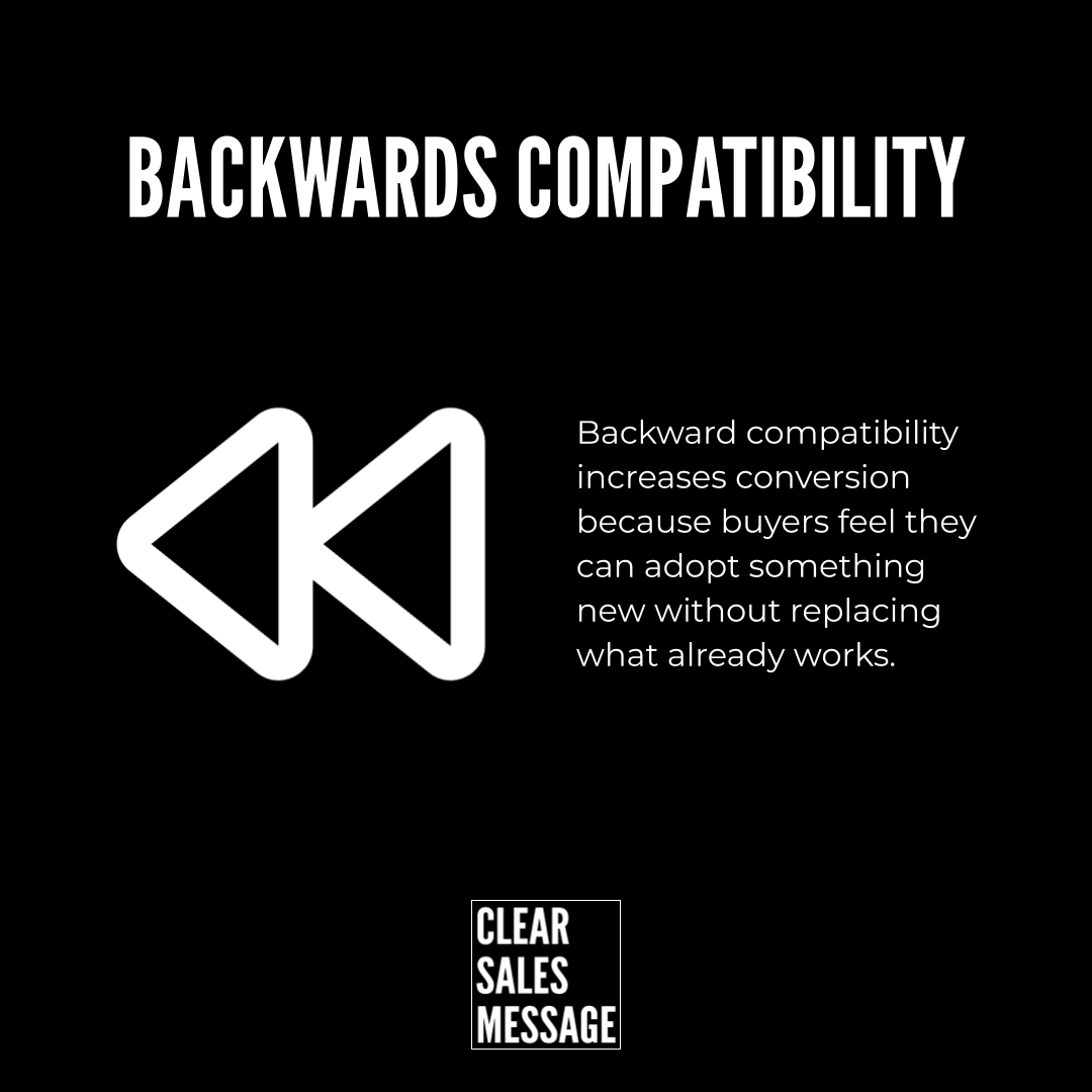 Slide about backwards compatibility large title left backward icon and nearby text explaining why it helps conversions Logo reads clear sales message at bottom