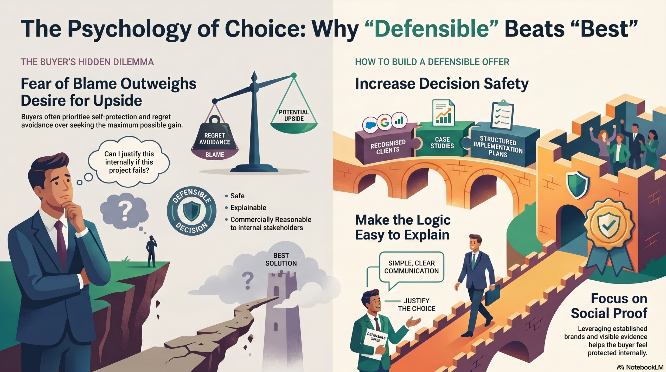 Defensible decisions Infographic comparing defendable offers to best offers showing a balance scale buyer dilemma and a bridge with puzzle pieces and icons for decision safety