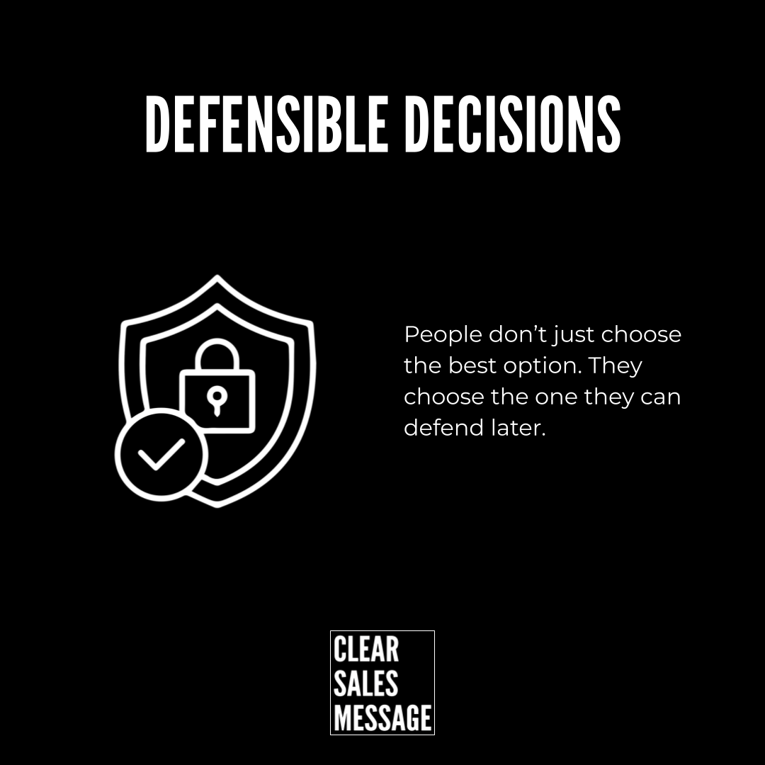 Defensible decisions Black poster with the headline defensible decisions left is a shield with a lock and a checkmark right side text says people defend their choice later bottom clear sales message logo